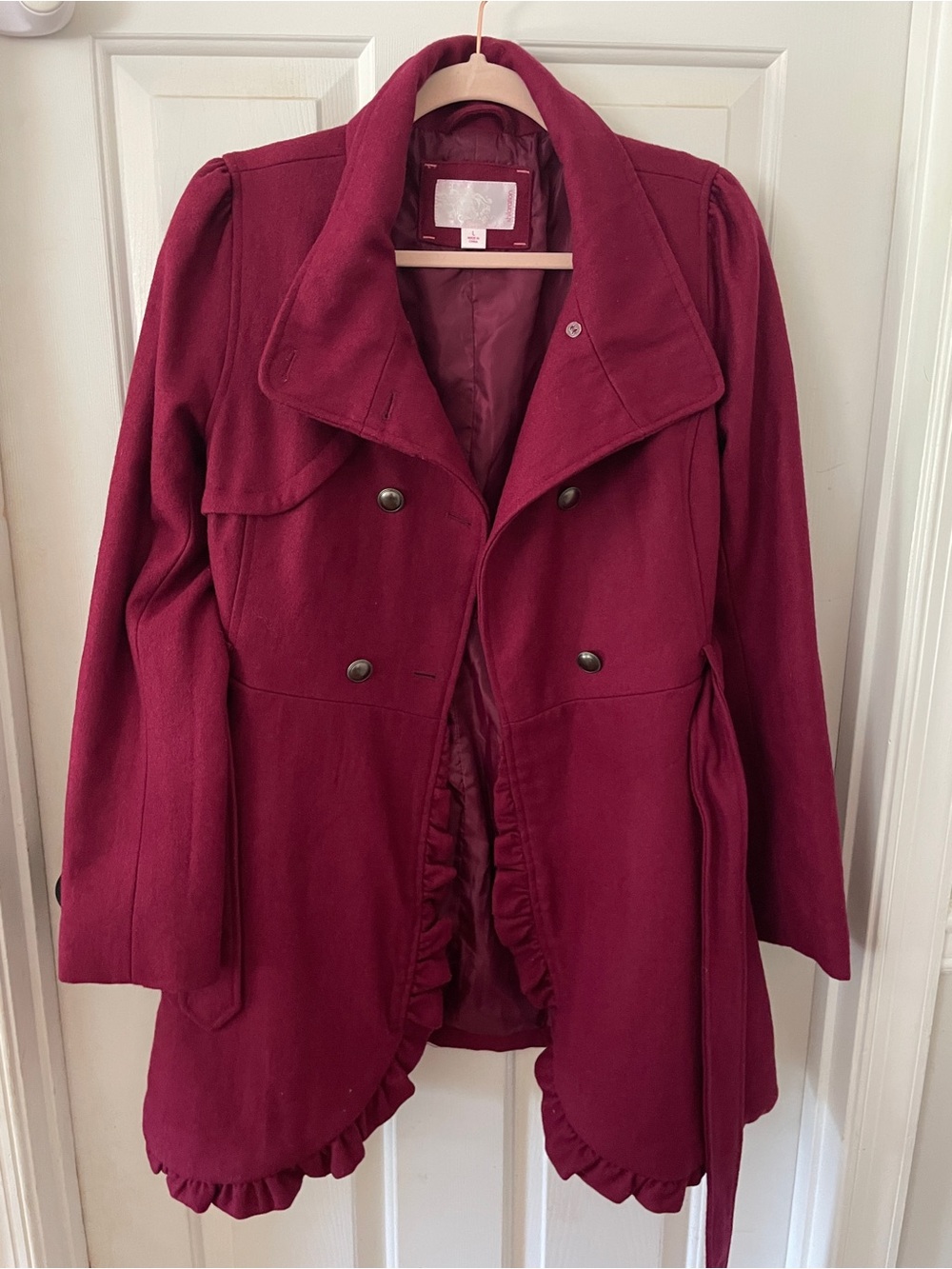 Xhilaration Burgundy Double-Breasted Ruffle Trench Coat